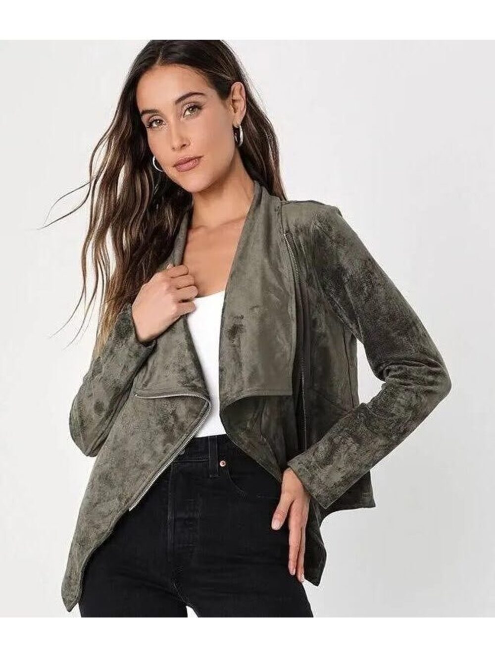 Lulus Wild at Heart Olive Green Vegan Suede Moto Jacket Draped Waterfall Small